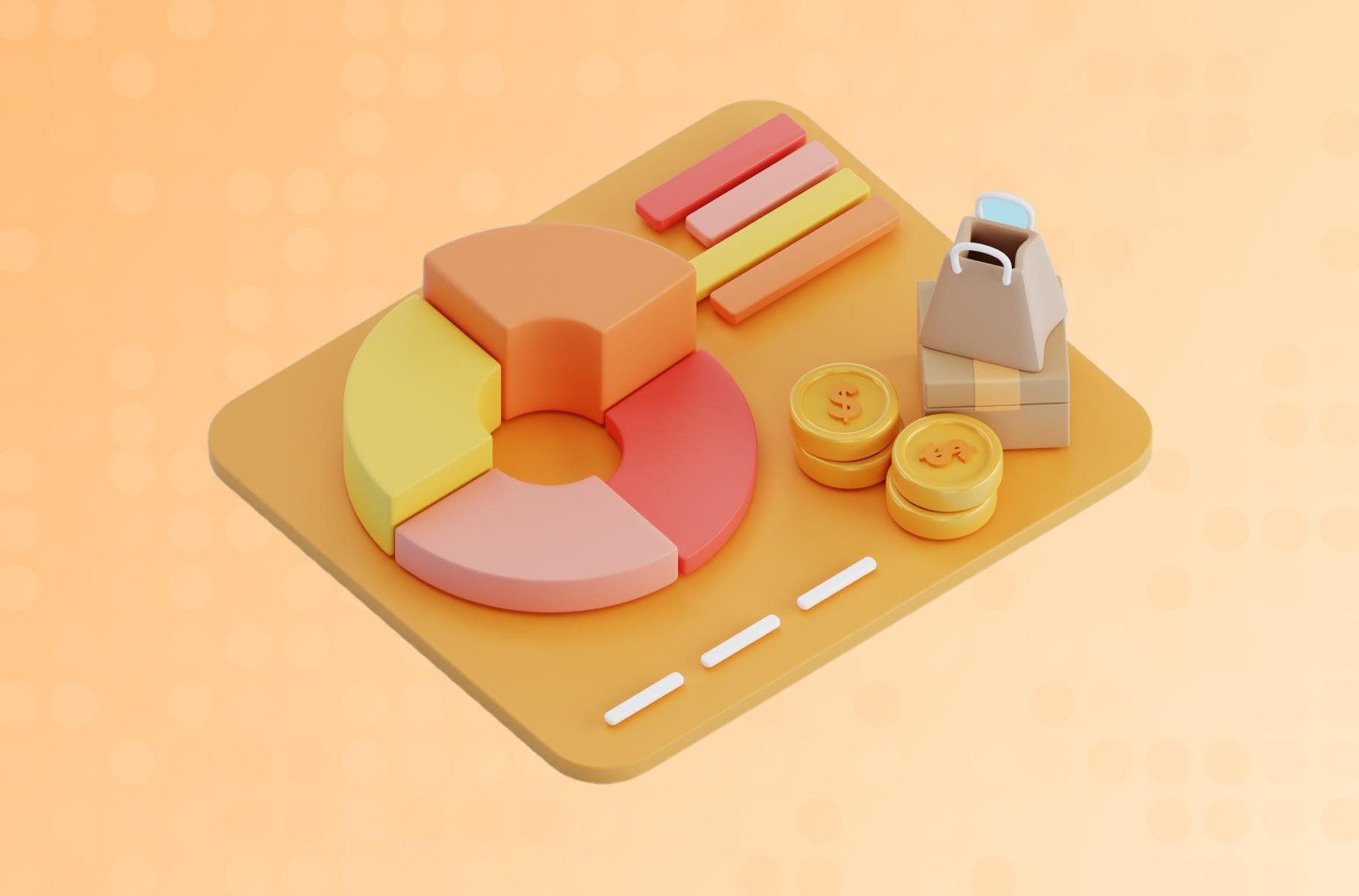 3D illustration of checkout process with pie chart, coins, and shopping bags representing revenue optimization