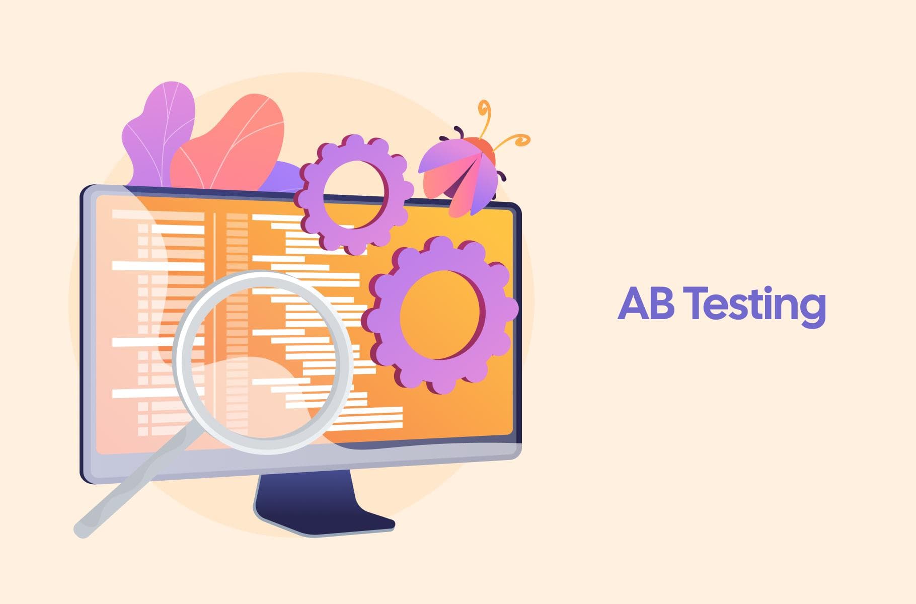 Headless A/B testing illustration showing gears, code, and optimization tools on a computer screen