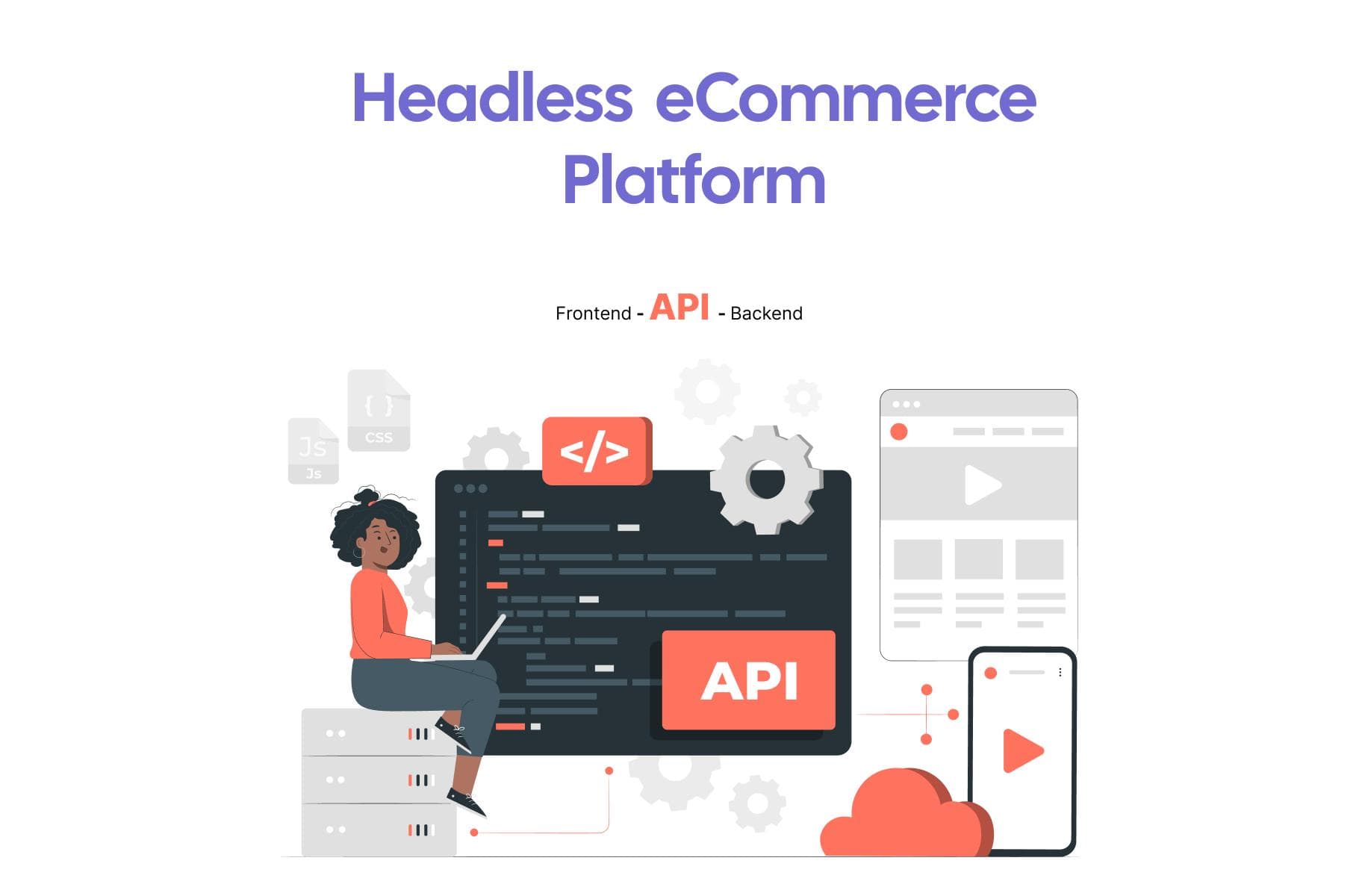 Illustration of developer working on headless eCommerce platform with API integration