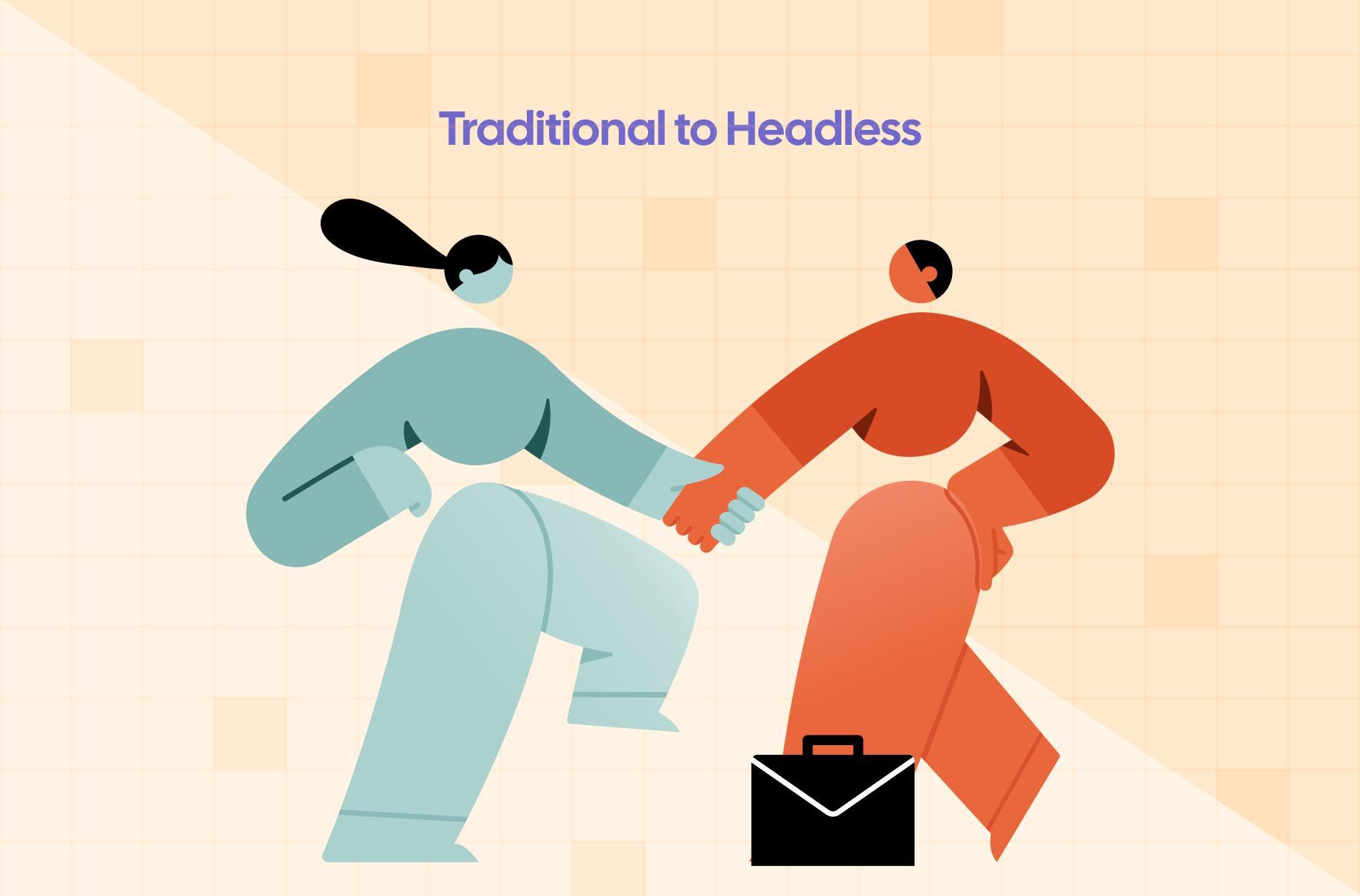 Illustration of two figures shaking hands, symbolizing transition from traditional to headless commerce